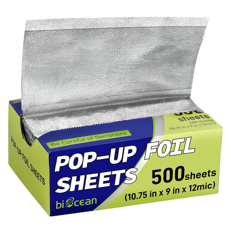 Biocean 500 PreCut Aluminum Foil Sheets 9 x 1075 PopUp Foil Sheets for Restaurant Use Disposable Food Wrapping for Burritos Hot Dogs and Sandwiches