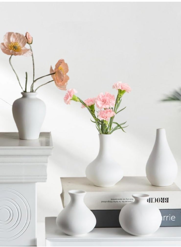 شو وو مجموعة مزهريات سيراميك، 5 مزهريات براعم زهور صغيرة بيضاء، مزهريات زهور لديكور المنزل العصري، مزهرية مزخرفة لعشب البامباس، غرفة المعيشة، ديكور الرفوف، طاولة الطعام، خزانة الكتب، المدفأة، المدخل - Image 1