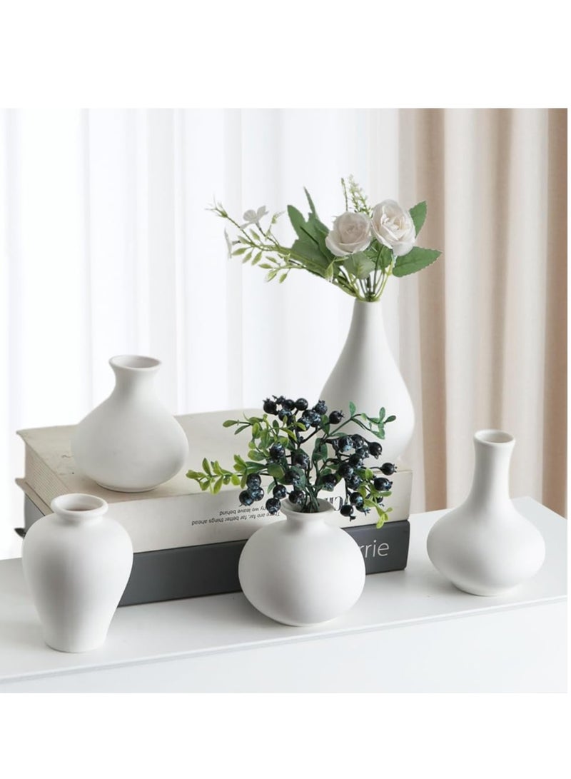 شو وو مجموعة مزهريات سيراميك، 5 مزهريات براعم زهور صغيرة بيضاء، مزهريات زهور لديكور المنزل العصري، مزهرية مزخرفة لعشب البامباس، غرفة المعيشة، ديكور الرفوف، طاولة الطعام، خزانة الكتب، المدفأة، المدخل - Image 2