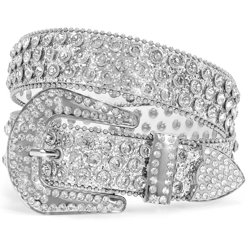 Ssumday Western Rhinestone Bling Studded Cowboy Cowgirl White Belts for Women Girl Men Female Ladies Jeans Pants Dresses Dress with Vintage Silver Buckle(MZSWH-XL) - Image 1