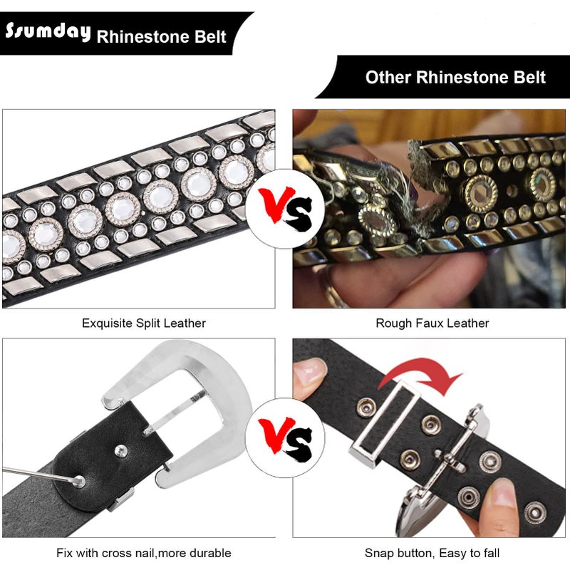 Ssumday Western Rhinestone Bling Studded Cowboy Cowgirl White Belts for Women Girl Men Female Ladies Jeans Pants Dresses Dress with Vintage Silver Buckle(MZSWH-XL) - Image 5