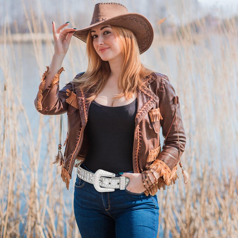 Ssumday Western Rhinestone Bling Studded Cowboy Cowgirl White Belts for Women Girl Men Female Ladies Jeans Pants Dresses Dress with Vintage Silver Buckle(MZSWH-XL) - Image 3