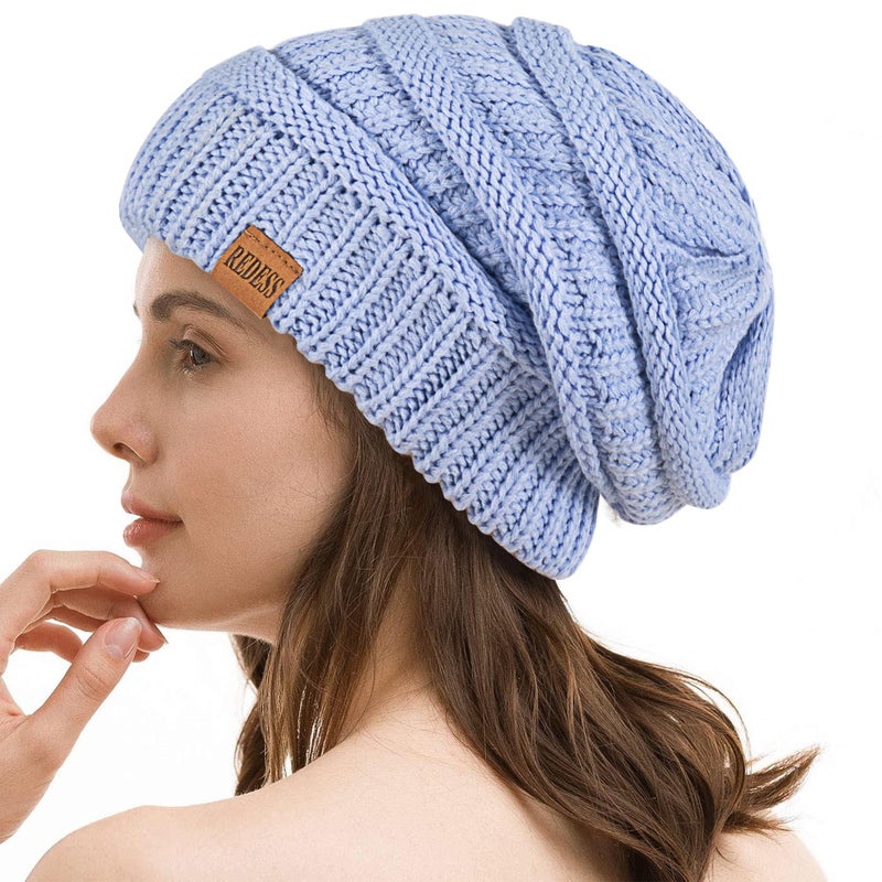 REDESS Slouchy Beanie Hat for Men and Women Winter Warm Chunky Soft Oversized Cable Knit Cap Pale Blue