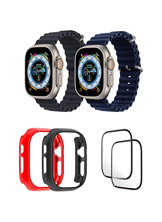 IAF Silicone Ocean Band Strap for Apple Watch Ultra 8 49mm Black/Dark Blue , Case Compatible with Apple Watch Ultra 49mm Red/Black , 2* pcs Watch glass Set of 6