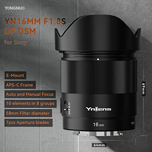 YONGNUO عدسة يونغنو YN16MM F1.8S لعدسات سوني E-Mount، عدسة بزاوية واسعة 16 مم، عدسة بفتحة كبيرة F1.8 لإطار APS-C مع تركيز تلقائي - Image 2