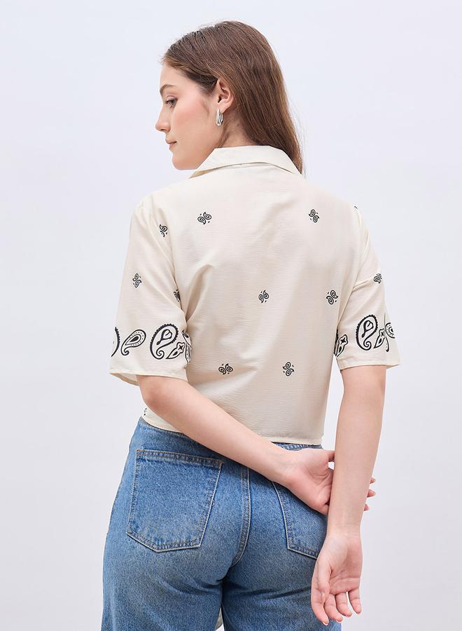 ستايلي بلوزة بياقة منتجع بطبعة بيزلي مع تفاصيل عقدة ربطة - Image 5