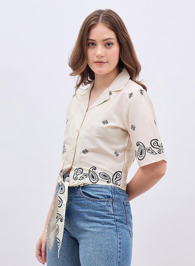 ستايلي بلوزة بياقة منتجع بطبعة بيزلي مع تفاصيل عقدة ربطة - Image 3