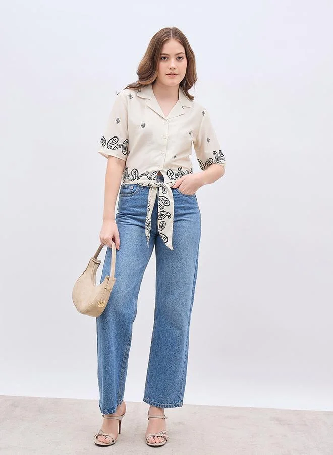 Styli Styli Paisley Print Resort Collar Blouse with Tie Knot Detail