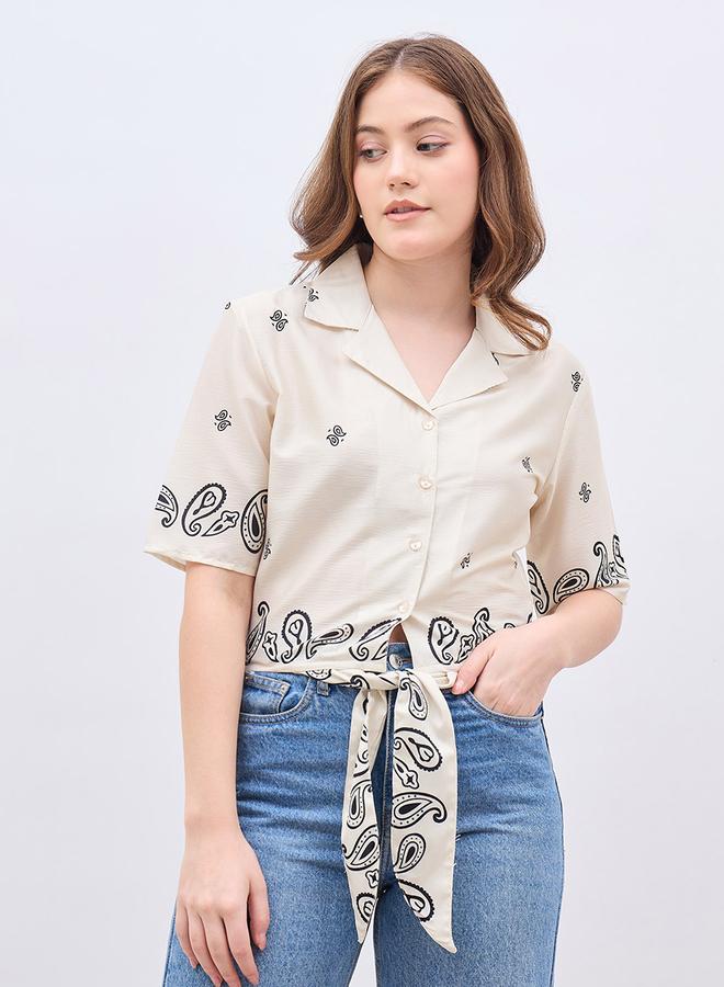 ستايلي بلوزة بياقة منتجع بطبعة بيزلي مع تفاصيل عقدة ربطة - Image 2