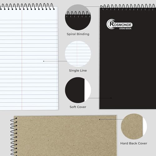 Rosmonde 12 Pack Spiral Steno Pads, 6 x 9, Gregg Rule, Black Steno Pad, Long Lasting - 80 Sheets (160 Pages), Top Spiral Notebook, Bulk Steno Notebook for Business, Top Spiral Steno Book for Office - Image 2