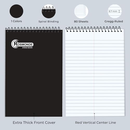 Rosmonde 12 Pack Spiral Steno Pads, 6 x 9, Gregg Rule, Black Steno Pad, Long Lasting - 80 Sheets (160 Pages), Top Spiral Notebook, Bulk Steno Notebook for Business, Top Spiral Steno Book for Office - Image 3
