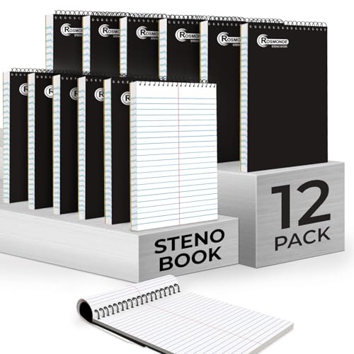 Rosmonde 12 Pack Spiral Steno Pads, 6 x 9, Gregg Rule, Black Steno Pad, Long Lasting - 80 Sheets (160 Pages), Top Spiral Notebook, Bulk Steno Notebook for Business, Top Spiral Steno Book for Office - Image 1
