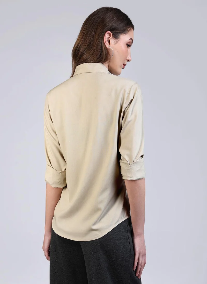 Urbano Fashion  Urbano Fashion Women's Beige Modal Viscose Full Sleeve Regular Fit Casual Solid Shirt with Regular Collar for Women | Best Price UAE
