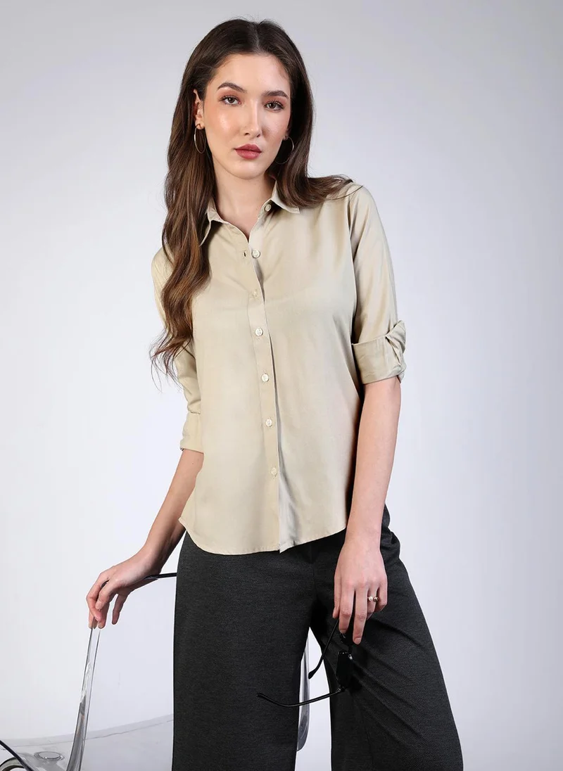 Urbano Fashion  Urbano Fashion Women's Beige Modal Viscose Full Sleeve Regular Fit Casual Solid Shirt with Regular Collar for Women | Best Price UAE