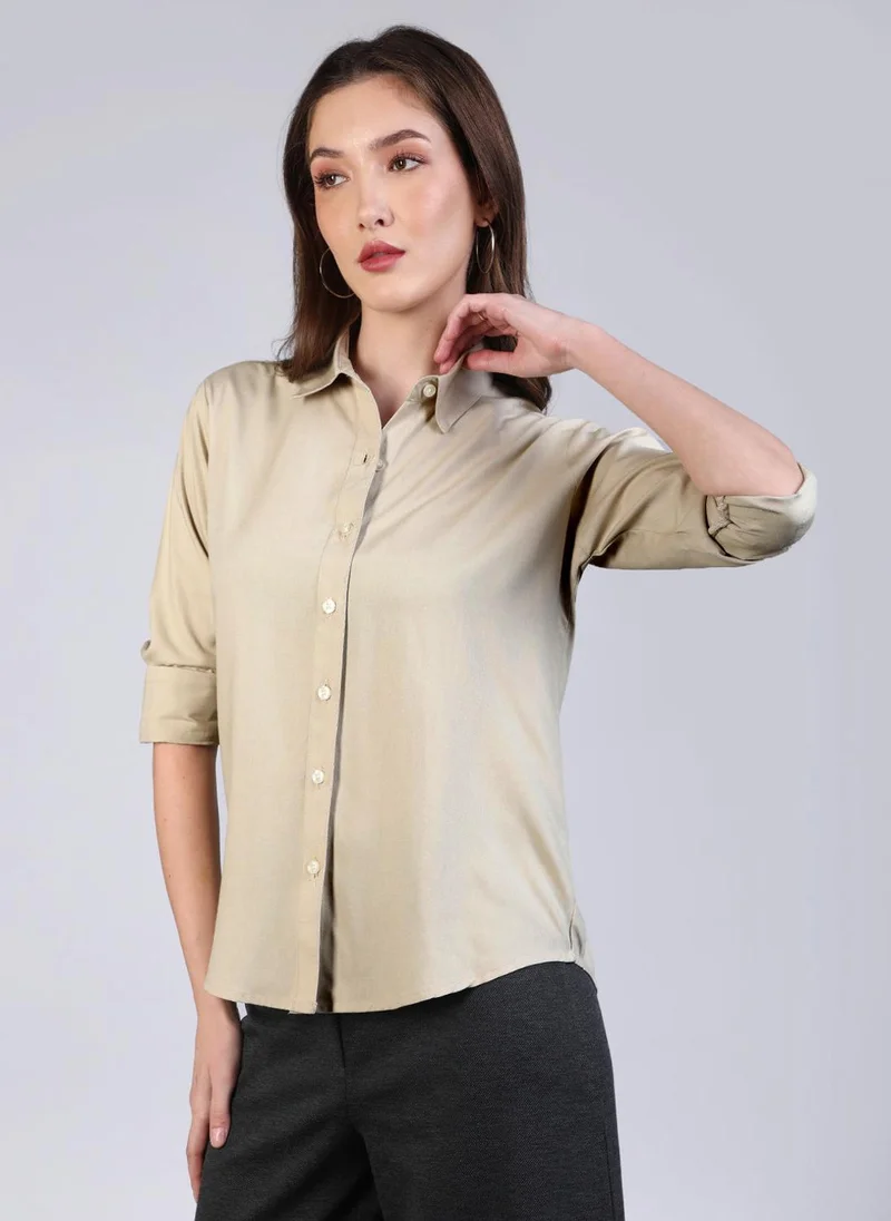 Urbano Fashion Women's Beige Modal Viscose Full Sleeve Regular Fit Casual Solid Shirt with Regular Collar