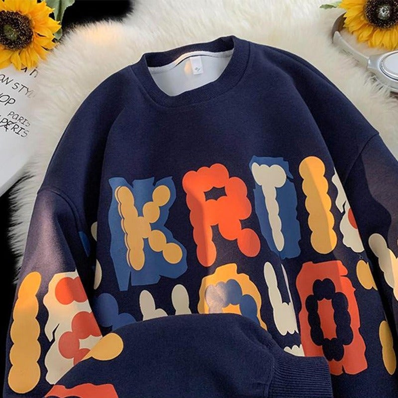 Fun Letter Printed Round Neck Sweatshirt Men'S Lazy Style Loose Plus Size Large Size Casual Pullover Top - Image 2