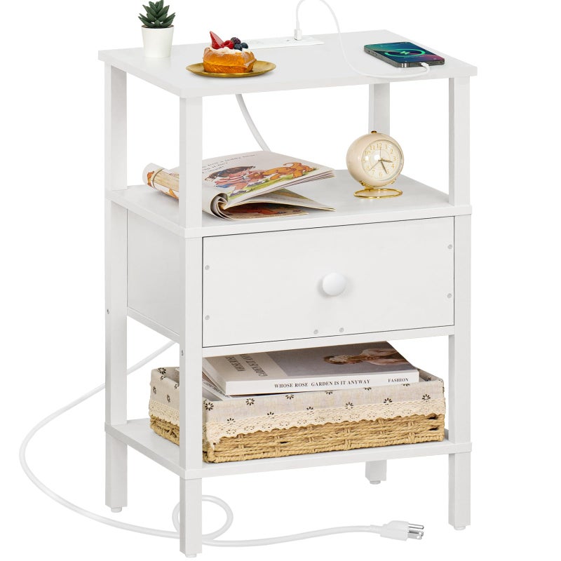 Lerliuo Nightstand with Charging Station and USB Ports 3Tier Storage End Table with Drawer Shelf Night Stand for Small Spaces Wood Bedside Table for Living Room Bedroom  Elegant White