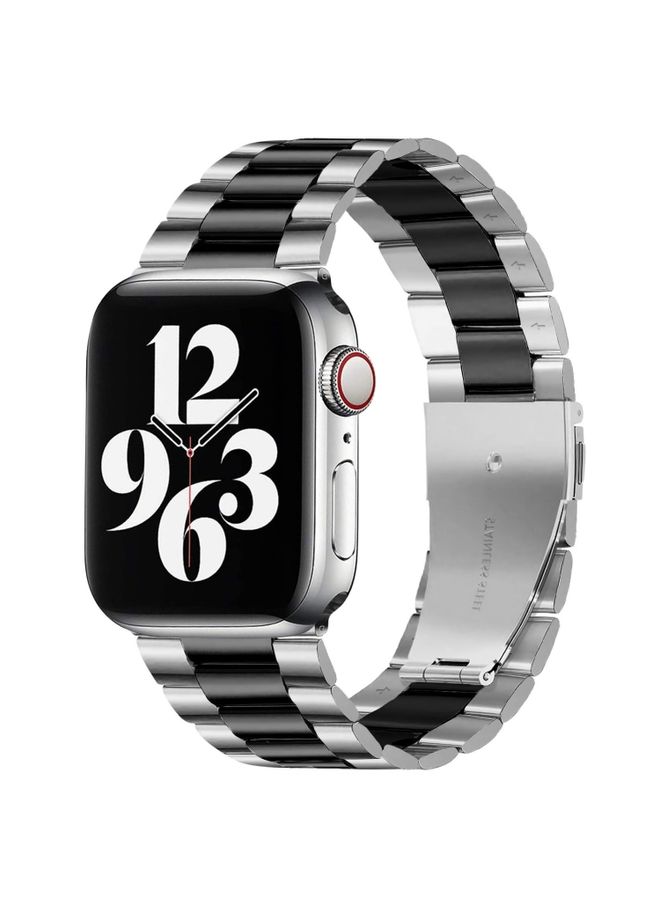 Replacement Strap Fold Buckle 3 Beads Stainless Steel Watch Band For Apple Watch Ultra 49mm&Watch Ultra 2 49mm / Series 9&8&7 45mm / SE 3&SE 2&6&SE&5&4 44mm / 3&2&1 42mm Silver Black 