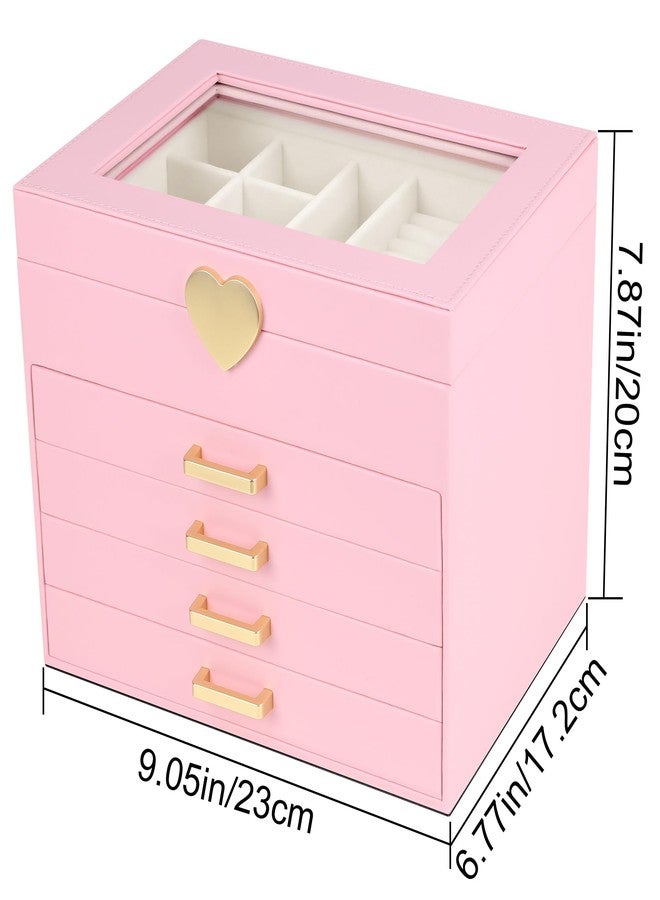 Kendal Jewelry Box, 5-Layer Jewelry Organizer Box with Glass Lid, Pink, Heart Shaped PU Leather, Storage Box for Necklace Earrings Rings Bracelets, Gift Idea for Girls LJC4DRPK - Image 3