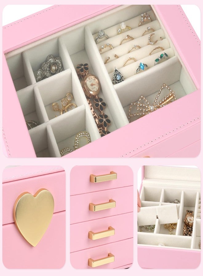 Kendal Jewelry Box, 5-Layer Jewelry Organizer Box with Glass Lid, Pink, Heart Shaped PU Leather, Storage Box for Necklace Earrings Rings Bracelets, Gift Idea for Girls LJC4DRPK - Image 4