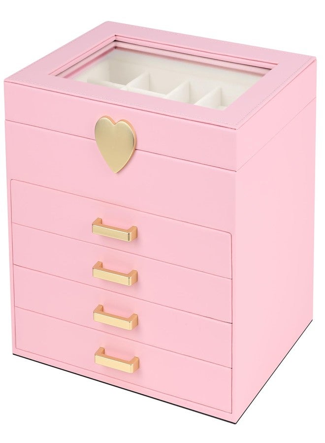 Kendal Jewelry Box, 5-Layer Jewelry Organizer Box with Glass Lid, Pink, Heart Shaped PU Leather, Storage Box for Necklace Earrings Rings Bracelets, Gift Idea for Girls LJC4DRPK - Image 1