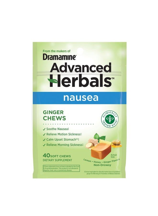 Dramamine from The Makers of Dramamine, Advanced Herbals, Ginger Chews, Nausea Relief Soft Chews Lemon-Honey-Ginger, 40 Count  - Image 1