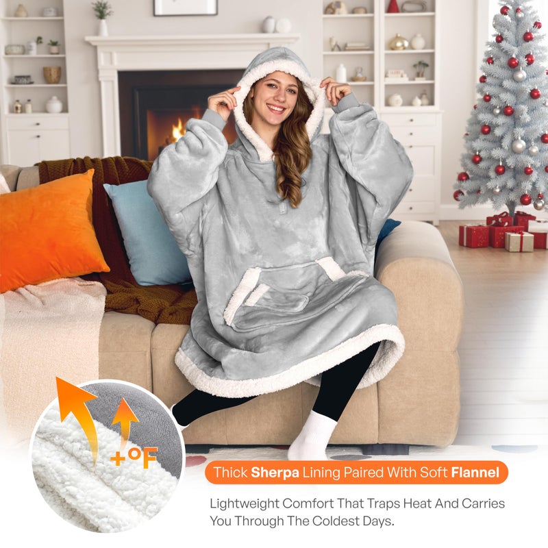 Giggling Getup Wearable Blanket Hoodie for Women and Men Gifts for Women Mom Wife Sherpa Fleece Hooded Blanket Sweatshirt Warm Cozy Sherpa Wearable Throw with Pocket & Sleeves for Adult Standard Gray - Image 2