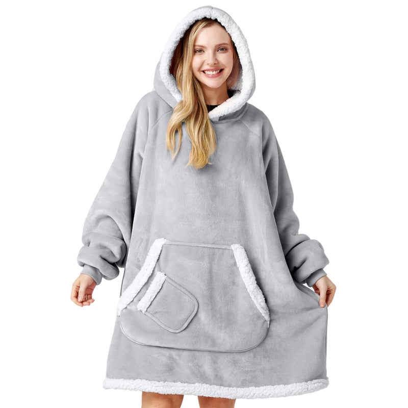 Giggling Getup Wearable Blanket Hoodie for Women and Men Gifts for Women Mom Wife Sherpa Fleece Hooded Blanket Sweatshirt Warm Cozy Sherpa Wearable Throw with Pocket & Sleeves for Adult Standard Gray - Image 1