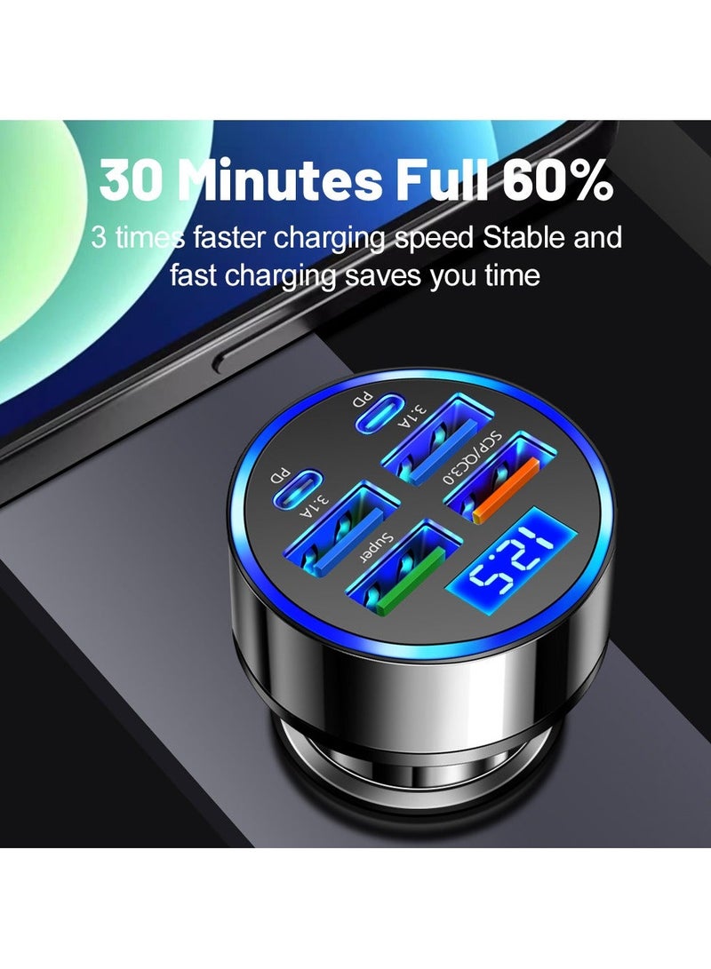 إيزي سو شاحن السيارة 6Ports 2 PD 4 USB سوبر شحن سريع 100W شاحن السيارة شحن سريع مع عرض ضوء LED محول شاحن السيارة أسود - Image 3