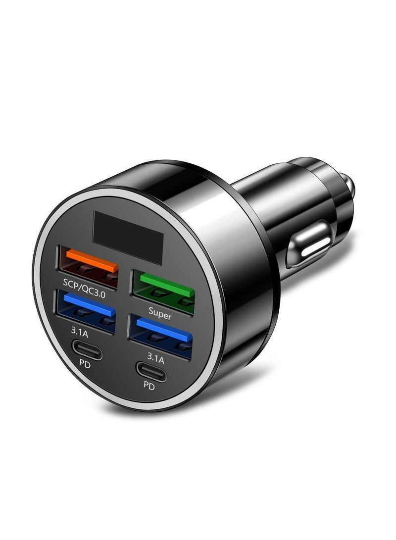 إيزي سو شاحن السيارة 6Ports 2 PD 4 USB سوبر شحن سريع 100W شاحن السيارة شحن سريع مع عرض ضوء LED محول شاحن السيارة أسود - Image 2