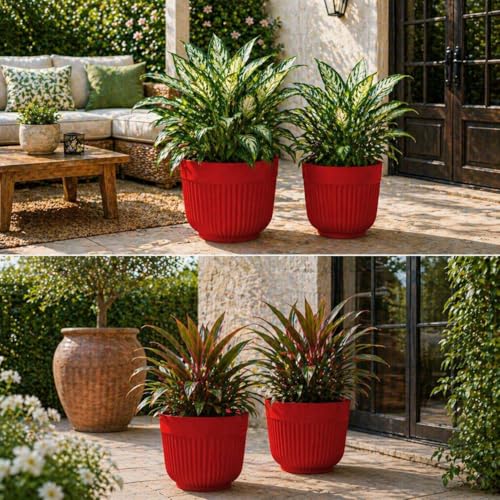TECHBLAZE 12 Inch Plastic Flower Pot for Plants - Lightweight & Durable Outdoor Garden Planter, UV & Weather Resistant, Large Round Pot for Home Décor, Indoor/Outdoor (Red, Pack of 4) - Image 5