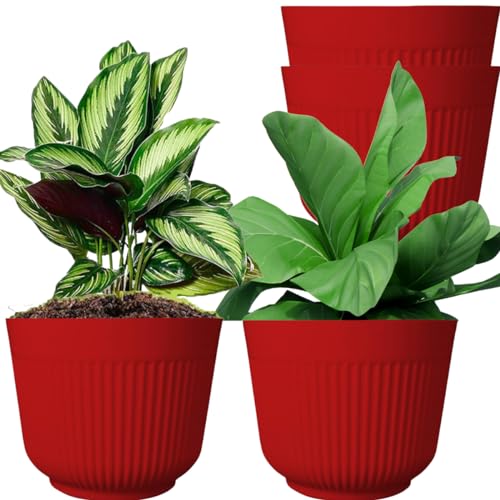 TECHBLAZE 12 Inch Plastic Flower Pot for Plants - Lightweight & Durable Outdoor Garden Planter, UV & Weather Resistant, Large Round Pot for Home Décor, Indoor/Outdoor (Red, Pack of 4) - Image 1