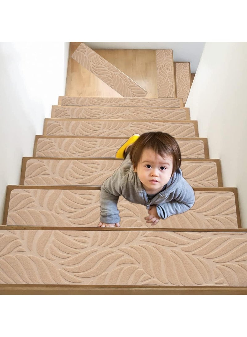 10pc Stair Tread Carpet,Non-Slip Stair Treads for Wooden Steps Indoor Staircase Carpets Runners Rugs Safety with Reusable Adhesive for Elders,Kids and Dogs,20 * 76cm (Beige) - Image 1