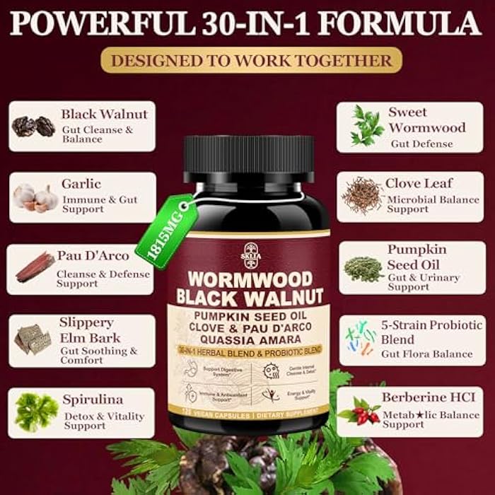 SKLIA 30-in-1 Wormwood Black Walnut Cleanse Capsules – Advanced Detox for Adults - Natural Gut Cleanse with Soursop, Pumpkin Seed, PAU D'Arco, Probiotic Blend, Oregano & Garlic – Vegan 120CT, 99% Absorption - Image 2