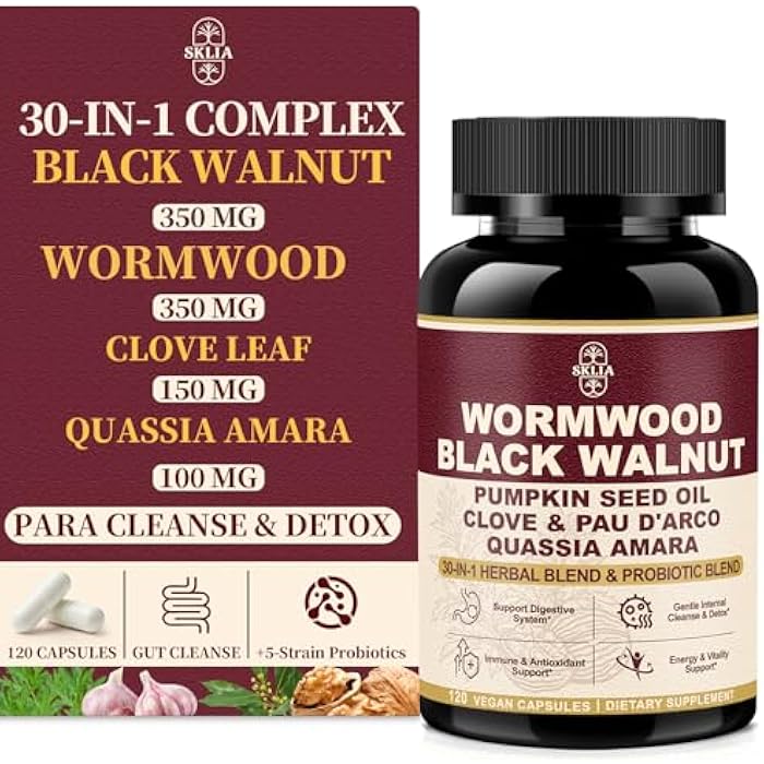 SKLIA 30-in-1 Wormwood Black Walnut Cleanse Capsules – Advanced Detox for Adults - Natural Gut Cleanse with Soursop, Pumpkin Seed, PAU D'Arco, Probiotic Blend, Oregano & Garlic – Vegan 120CT, 99% Absorption - Image 1