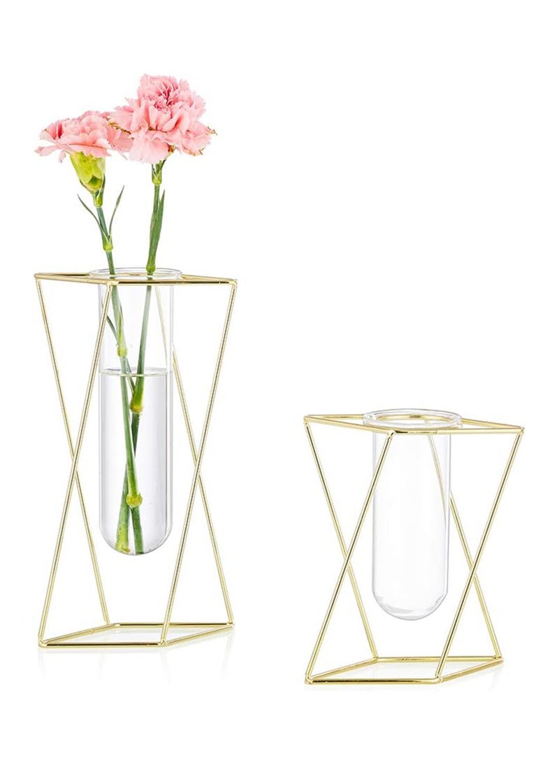 2-Piece Modern Geometric Glass Vase Set with Gold Metal Stand - Clear Cylinder Vases for Home, Office, and Wedding Centerpieces - Image 1
