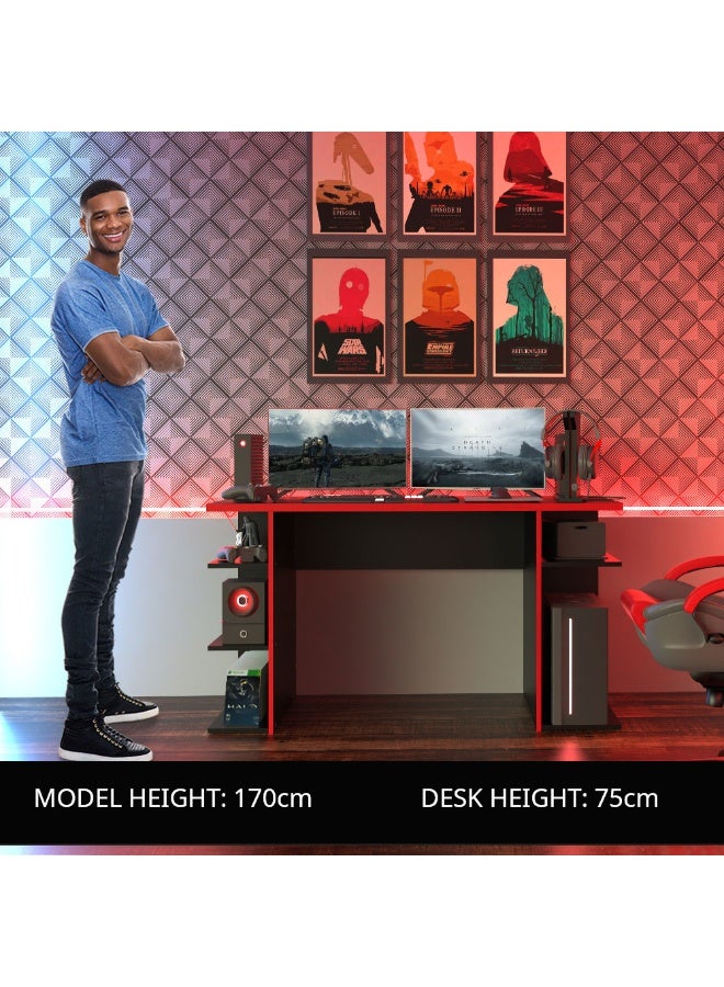 Madesa Gaming Computer Desk and Office Table with 5 Shelves and Cable Management, Wood, 136 W x 75 H x 60 D Cm (Black/Red) - Image 4