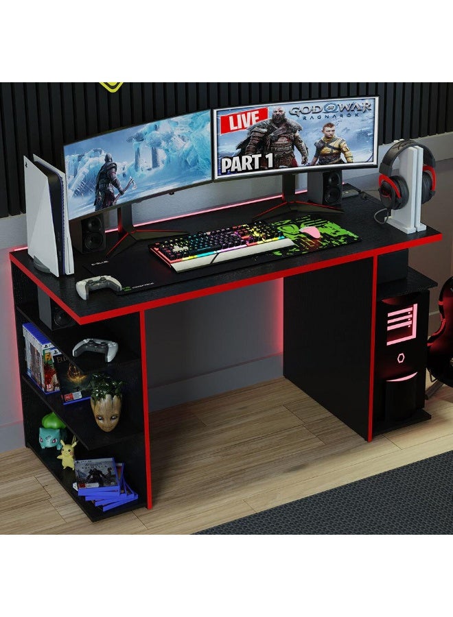 Madesa Gaming Computer Desk and Office Table with 5 Shelves and Cable Management, Wood, 136 W x 75 H x 60 D Cm (Black/Red) - Image 1