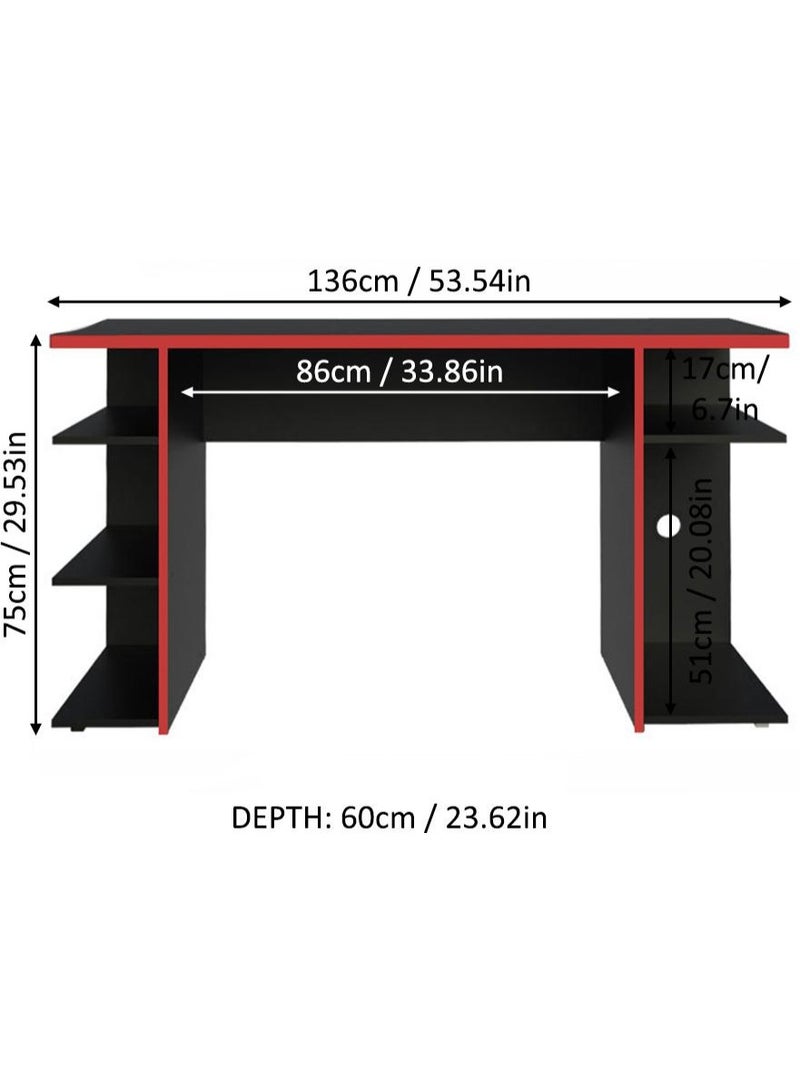 Madesa Gaming Computer Desk and Office Table with 5 Shelves and Cable Management, Wood, 136 W x 75 H x 60 D Cm (Black/Red) - Image 3