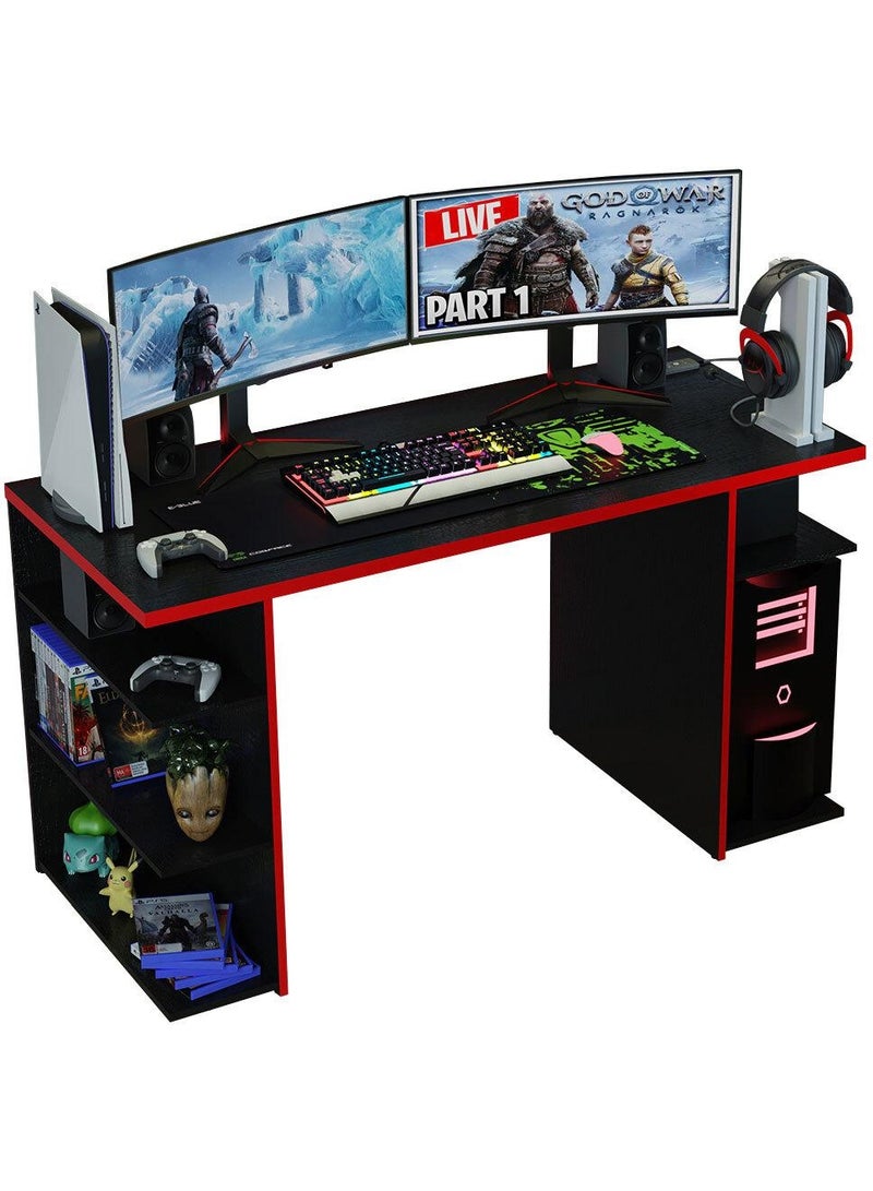 Madesa Gaming Computer Desk and Office Table with 5 Shelves and Cable Management, Wood, 136 W x 75 H x 60 D Cm (Black/Red) - Image 2