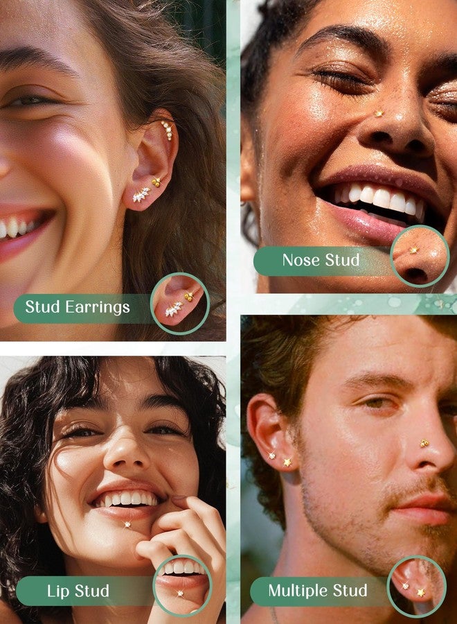 ORAZIO 14K Gold Plated Push in Stud Earrings, 316L Surgical Steel Flat Back Earrings Threadless Tragus Helix Cartilage Conch Nose Piercing Jewelry Hypoallergenic Ear Piercing for Women 20G 18G 16G - Image 2