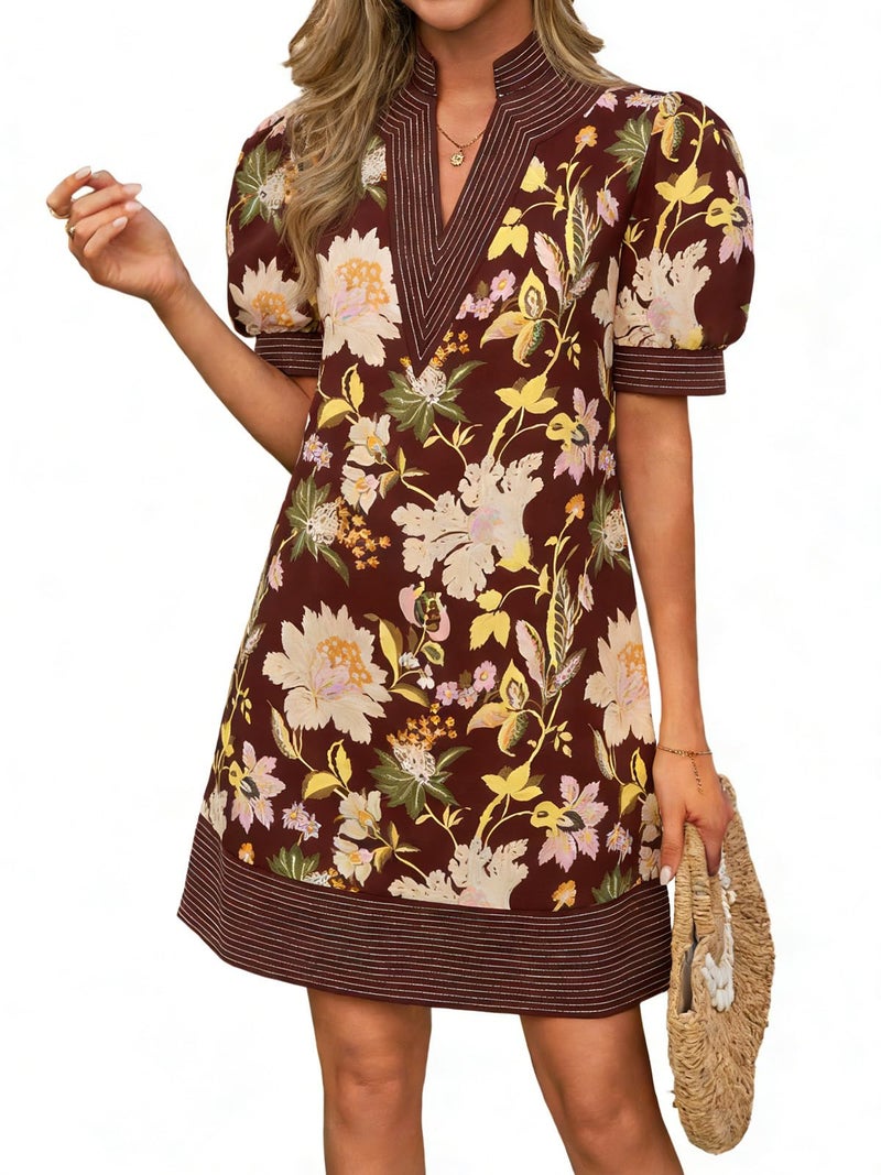 Wenrine Womens Summer V Neck Floral Dresses Shift Casual Puff Short Sleeve Short Boho Beach Dress with Pocket - Image 1