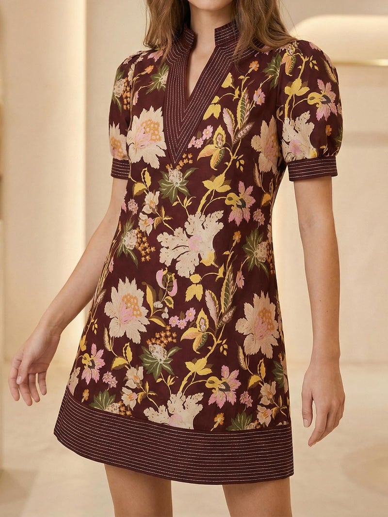 Wenrine Womens Summer V Neck Floral Dresses Shift Casual Puff Short Sleeve Short Boho Beach Dress with Pocket - Image 5