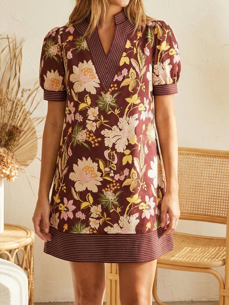 Wenrine Womens Summer V Neck Floral Dresses Shift Casual Puff Short Sleeve Short Boho Beach Dress with Pocket - Image 2