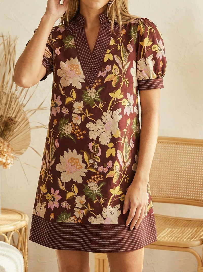 Wenrine Womens Summer V Neck Floral Dresses Shift Casual Puff Short Sleeve Short Boho Beach Dress with Pocket - Image 3