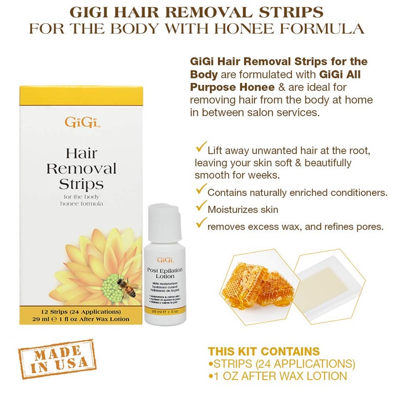 GiGi Hair Removal Wax Strips for Body - Pre-Waxed with GiGi All-Purpose Honee Formula, Waxing Kit For Women, 12 Strips + After Wax Lotion - Image 4
