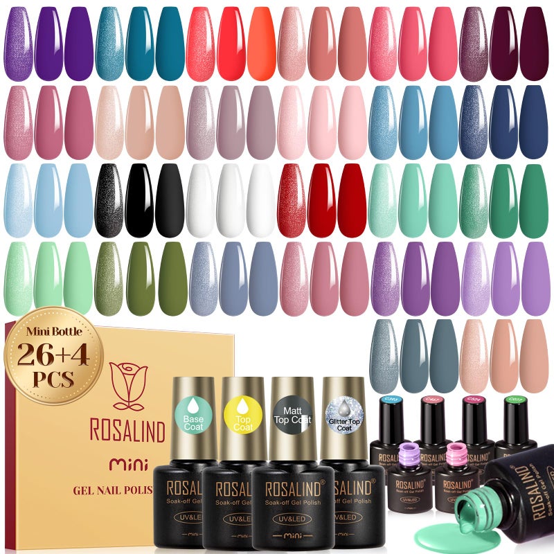 ROSALIND 30PCS Gel Nail Polish Set, 26 Classic Colors Gel Polish kit with Base Coat Glossy Matte and Glitter Top Coat Gel Nails Set All Seasons Collection Gift for Women - Image 1