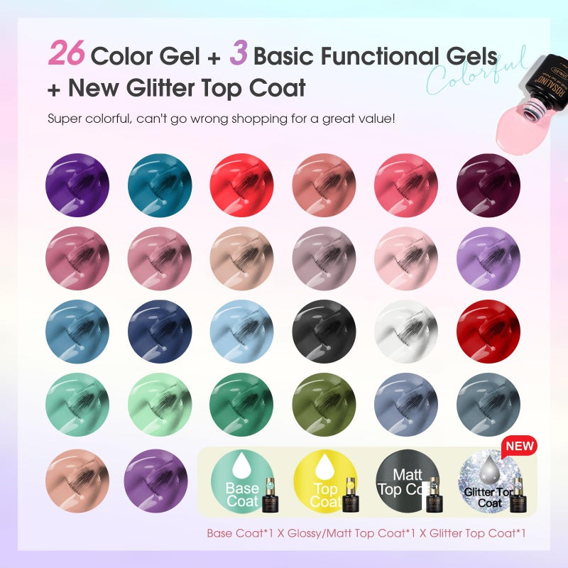 ROSALIND 30PCS Gel Nail Polish Set, 26 Classic Colors Gel Polish kit with Base Coat Glossy Matte and Glitter Top Coat Gel Nails Set All Seasons Collection Gift for Women - Image 2