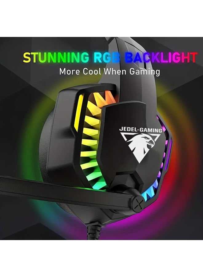 Black Wired Gaming Headset with RGB Backlight Detachable Mic Deep Bass for PS4 Xbox PC - Image 5