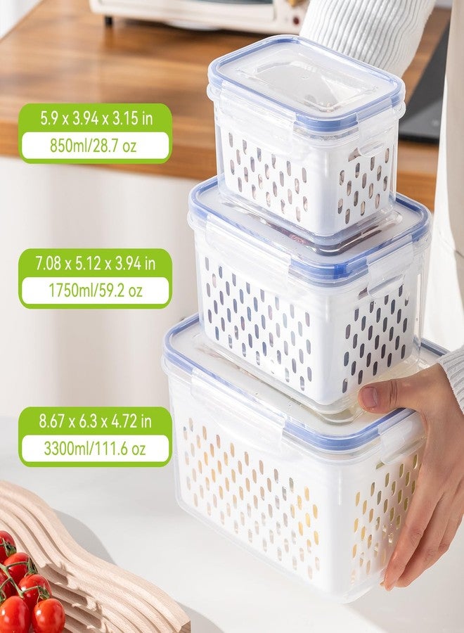Voova 3 Pack Fruit Storage Containers for Fridge, Airtight Food Storage Containers with Removable Colander, Produce Saver Organizers Storage for Refrigerator, Keep Fruit Vegetable Meat Berry Fresh Longer - Image 3